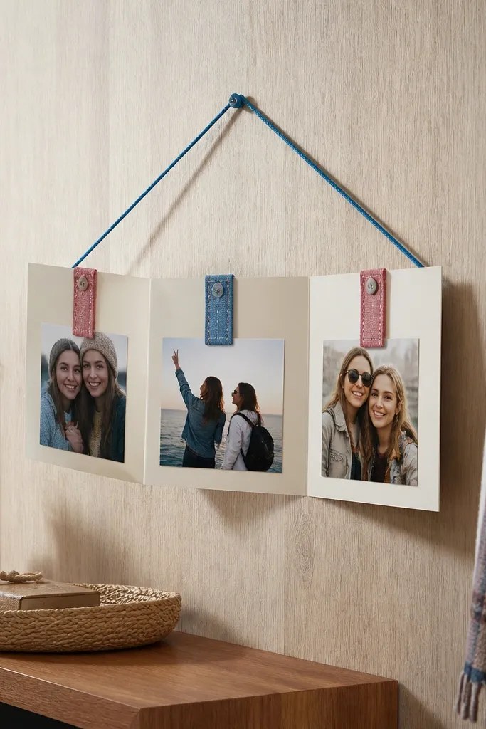 An accordion paper strip hung on a wall with fabric clips holding photos