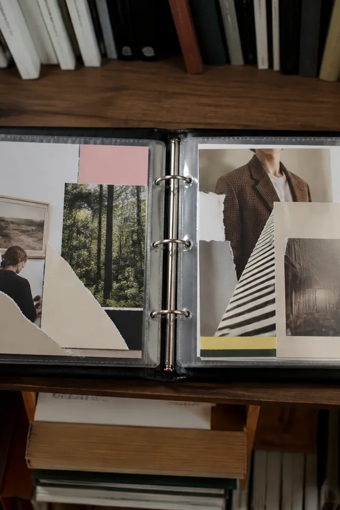 Mini binder with plastic sleeves holding magazine cutout collage pages and photos