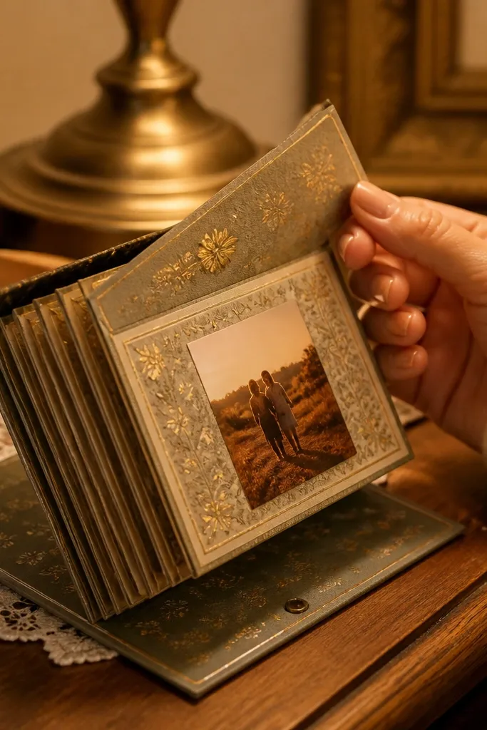 Small flip album made from greeting cards with postcard photos and stamped borders