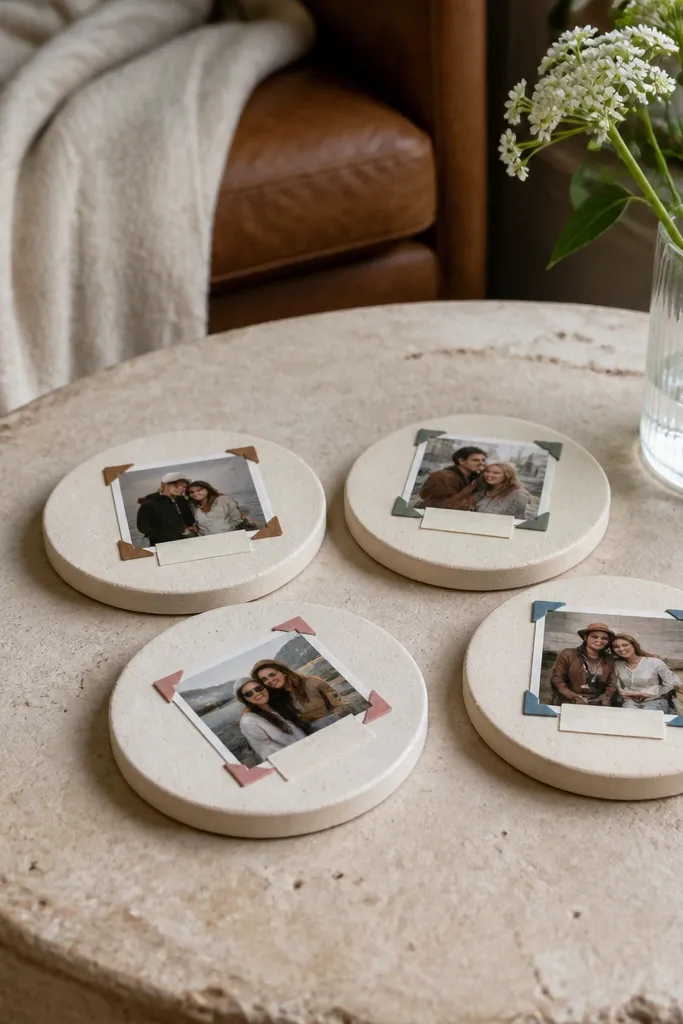 Four fabric coasters with corners and tiny date labels