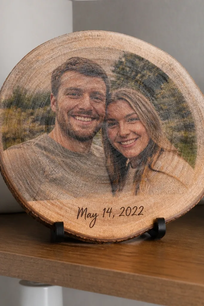 A small round wood slice with a transferred and a handwritten date