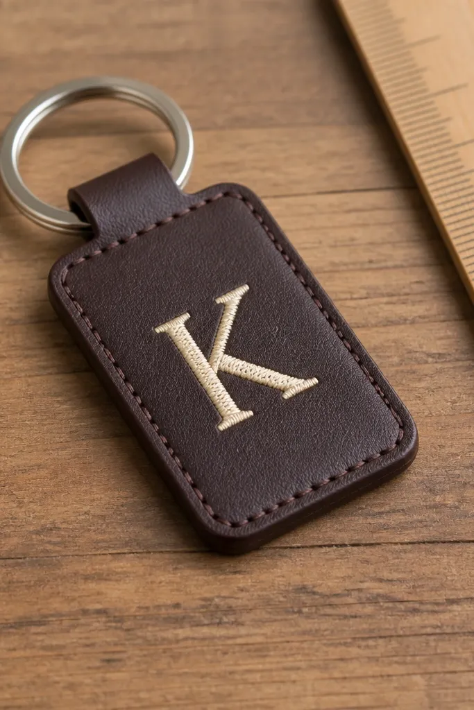 A small rectangular key fob made from deep brown leatherette with a stitched cream monogram in the center, threaded on a metal key ring, photographed on a wooden table with a ruler nearby.