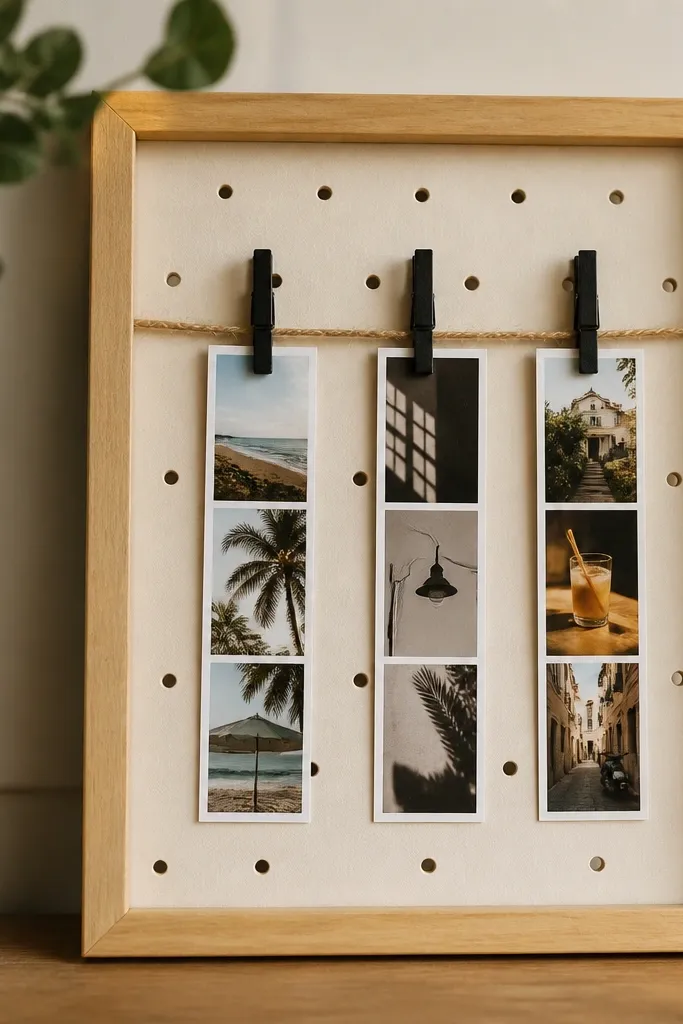 Three tiny photo strips clipped into a mini frame on a small pegboard panel, with clothespins painted matte black and a strip of twine running behind them.