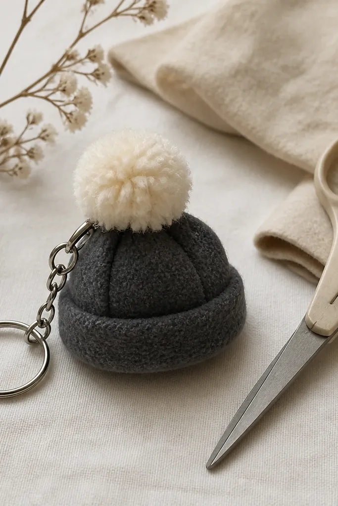 A tiny fleece beanie keychain in charcoal gray with a fluffy cream pom-pom, attached to a metal keyring, photographed next to craft scissors.