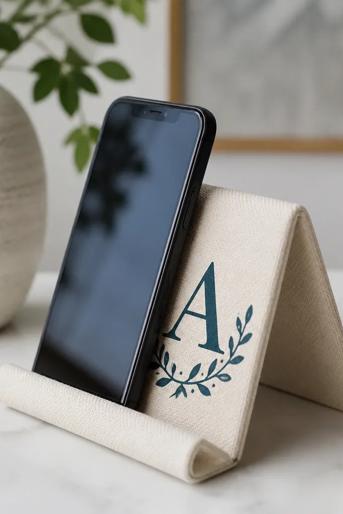 A small canvas phone stand shaped like an A-frame, with a stenciled initial in dark teal on cream fabric, photographed with a phone leaning on it.