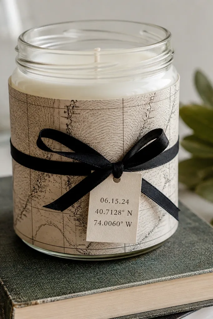 A clear jar candle wrapped with a snug paper sleeve printed with map lines, with a tied black ribbon and a small tag reading a date and coordinates.