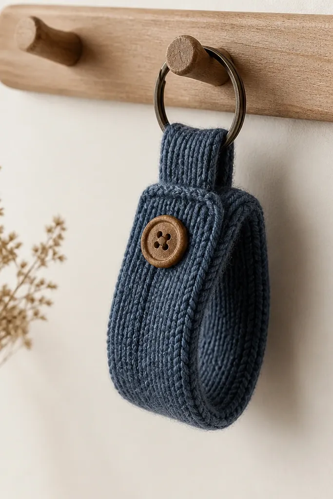 A small cuff made from a knit sweater in slate blue, folded into a loop with a wooden button closure, hanging from a keyring.