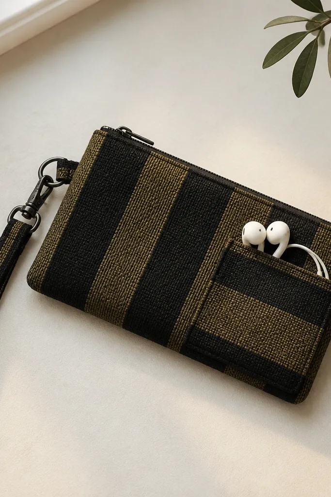 A slim wristlet made from woven fabric in black and olive stripes, with a metal clip and a small side pocket holding a pair of earbuds.