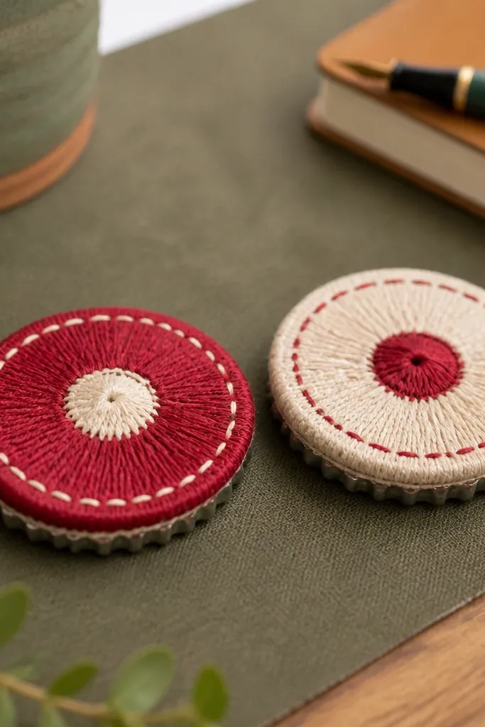 Two small round coasters made from bottle caps wrapped in red and cream thread, each with a tiny stitched border, photographed on a desk mat.