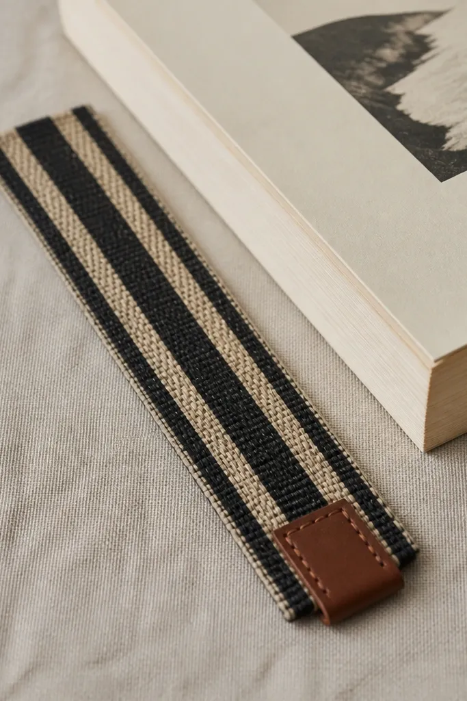 A narrow fabric bookmark in black and tan woven stripe with a small leather tag at the end, photographed next to a paperback book.