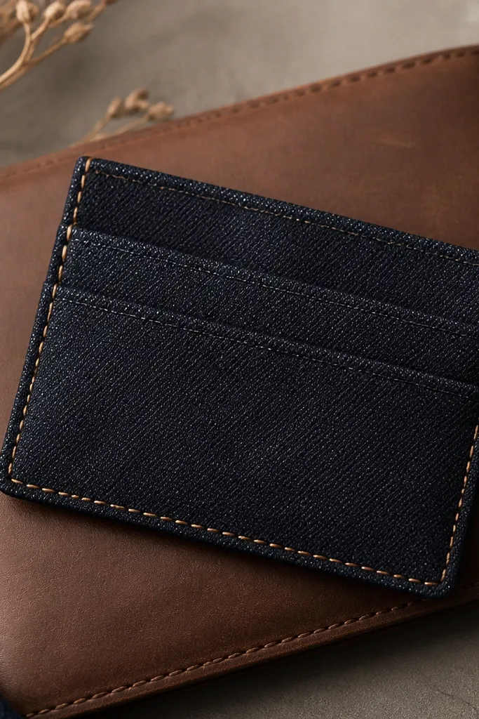 A slim card holder made from dark denim with two stitched pockets, a single contrast stitch line along the edges, laid flat on a wallet.