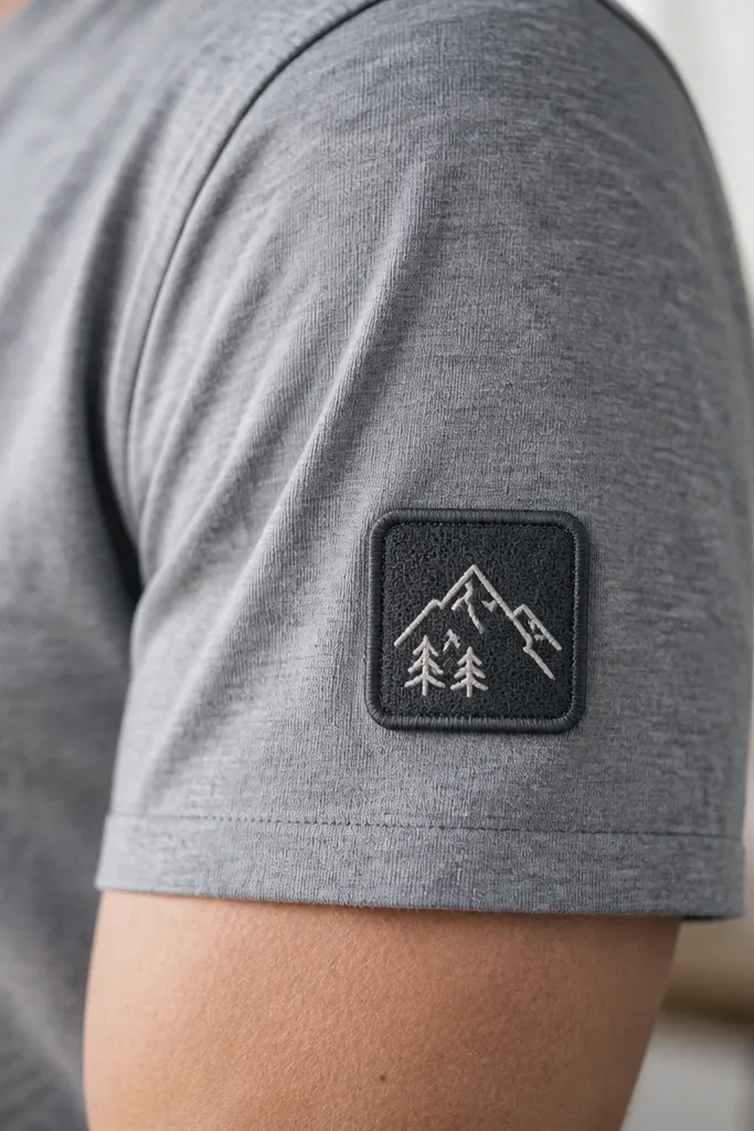 A small embroidered-style patch made from iron-on heat bond fabric, placed on a heather gray T-shirt sleeve, with a simple stitched icon in white thread.