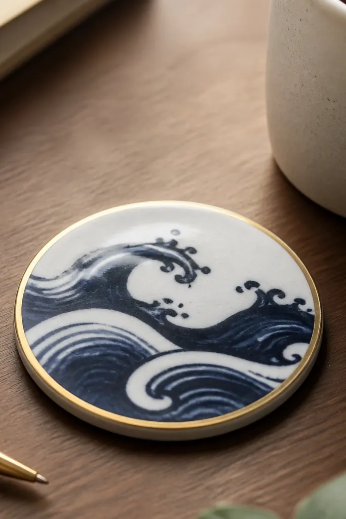 A small round ceramic coaster with a hand-painted navy wave pattern and a thin gold line around the edge, sitting on a desk near a mug.