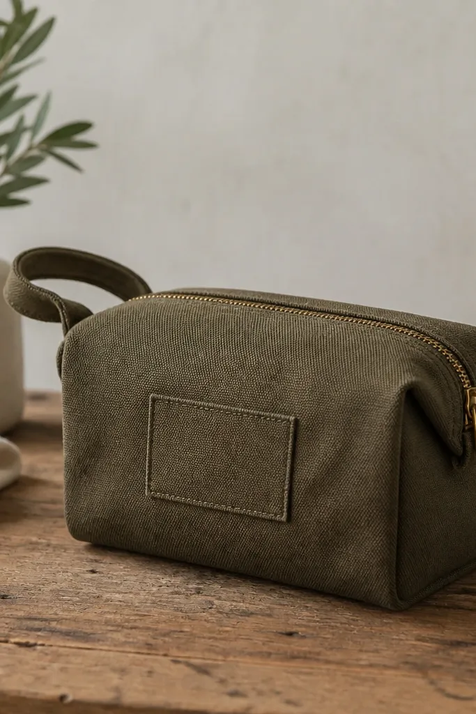 A small canvas wash bag in olive with a brass zipper, a stitched patch name tag on the front, and a folded strap loop at the top.