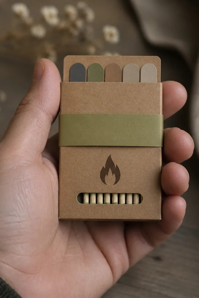 A small matchbook gift made from thick kraft cardstock, wrapped in a pale olive paper belly band. The front has a stamped flame icon in dark brown ink and a neat strip of label tabs peeking from the top. Inside, the match heads show through a narrow paper window, and the whole thing fits in a boyfriend's hand.