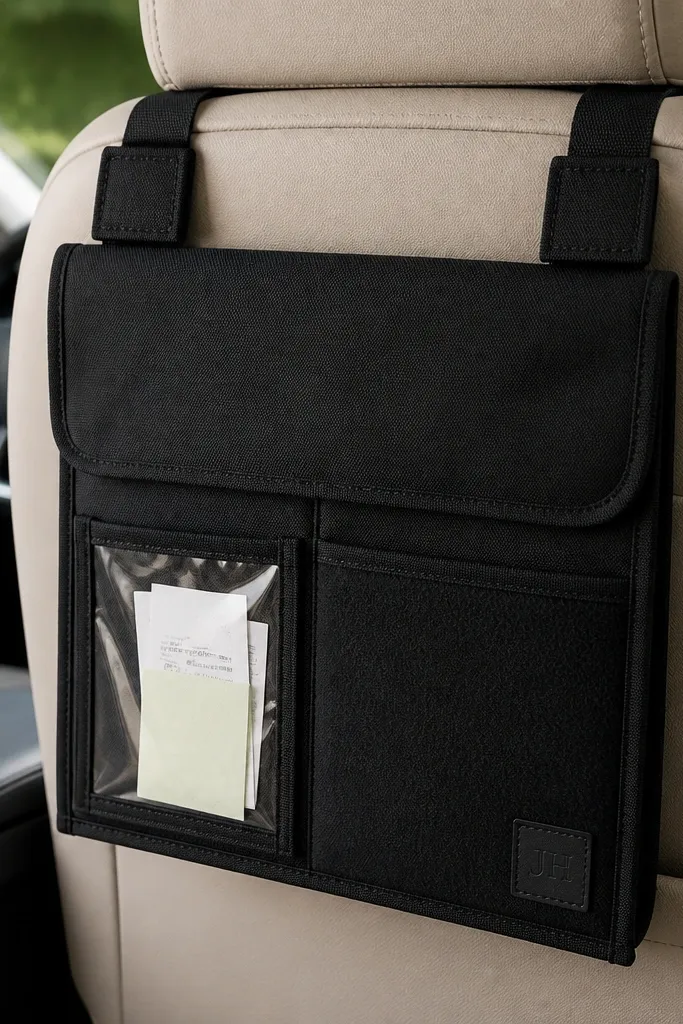 A car seat organizer made from black canvas fabric with a folded flap and two stitched pockets. One pocket has a clear vinyl sleeve for receipts, and the other has a soft fleece panel. A small stitched patch with his initials sits near the bottom corner, and the organizer hangs from two fabric straps with Velcro tabs.