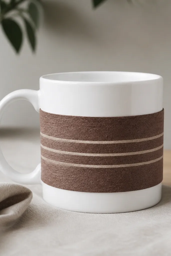 A white ceramic mug wrapped with a strip of brown coffee-sleeve material, showing three thin cream stripes; the handle is left bare and the wrap seam is glued on the back.