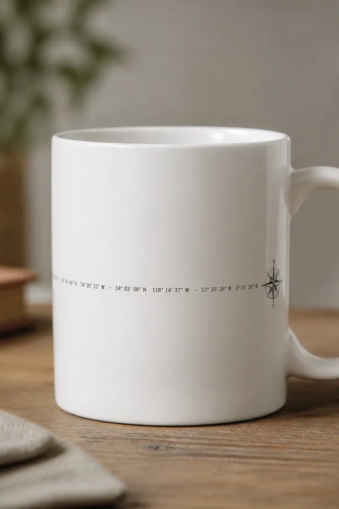 A plain white mug with a narrow band across the middle reading tiny printed map coordinates in black, with a small compass rose at the right side.