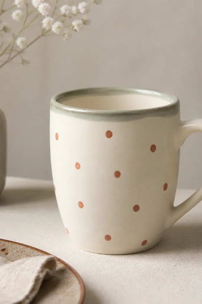 A cream mug with a sage-green rim painted around the top edge and a scattered pattern of terracotta dots down the front, with a slightly uneven hand-painted look.