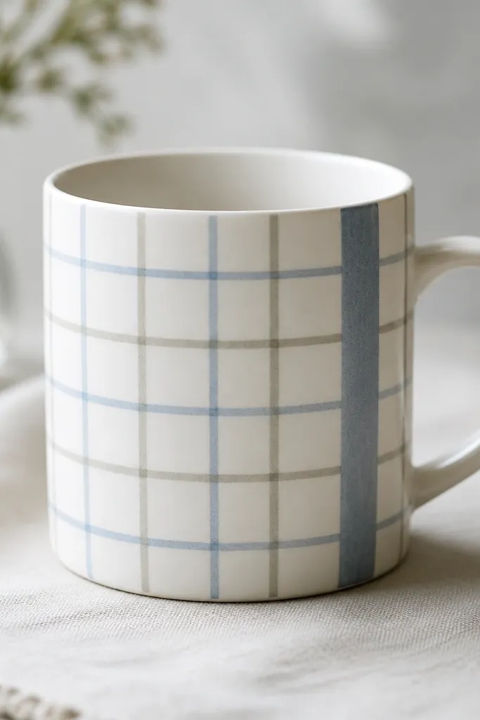 A white mug wrapped with a grid of thin washi tape lines in muted blue and gray, with a single thicker tape stripe near the handle.