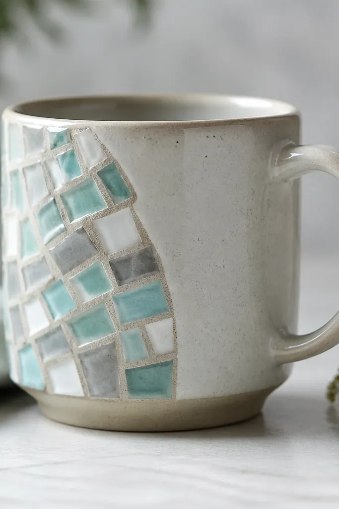 A mug with a quarter-panel mosaic on one side using small white, aqua, and gray tile pieces set into grout, with a smooth, glossy finish.