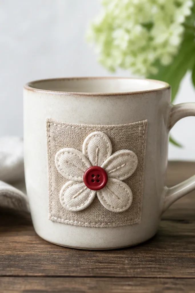 A mug with a sewn fabric flower applique on the front, attached to a small pocket-like patch of linen, with a contrasting red button center.