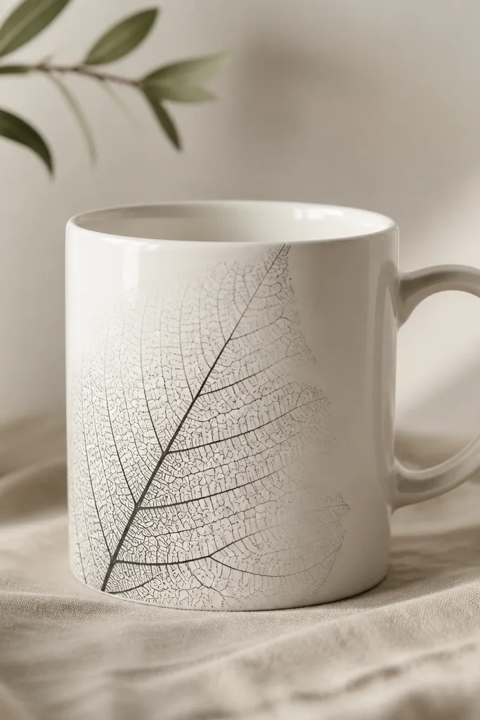 A white mug with a single large leaf silhouette on one side, showing detailed vein lines in black ink that fade toward the edges.