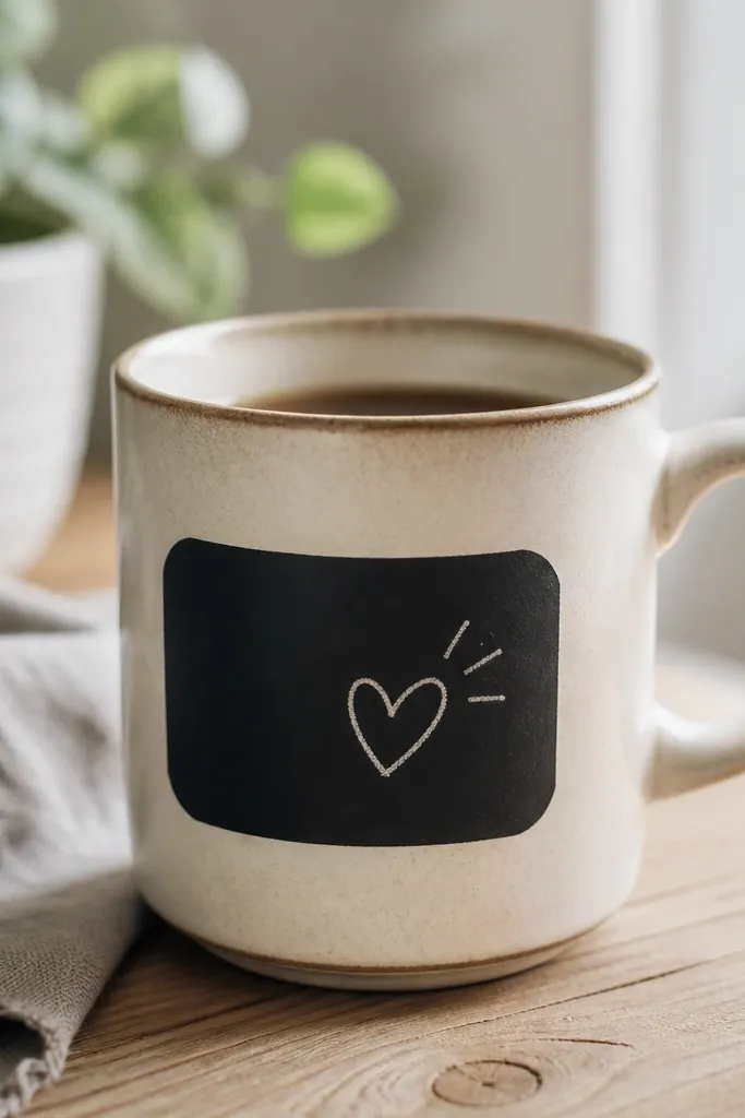 A mug with a small rectangular chalkboard label area on the side, written with chalk marker text and a tiny doodle icon.
