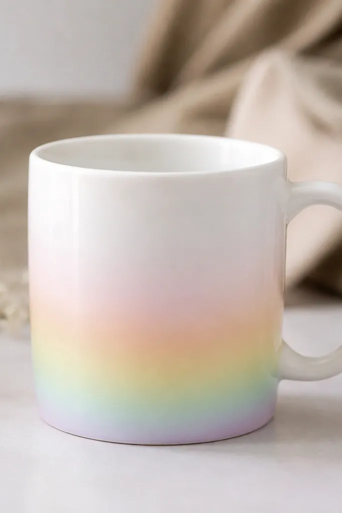 A mug with a soft ombre fade starting at the bottom edge in pastel rainbow colors, blending upward into the white ceramic.