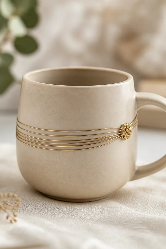 A beige mug with a thin gold thread wrapped around the midsection in a spiral, with a small woven knot near the handle.