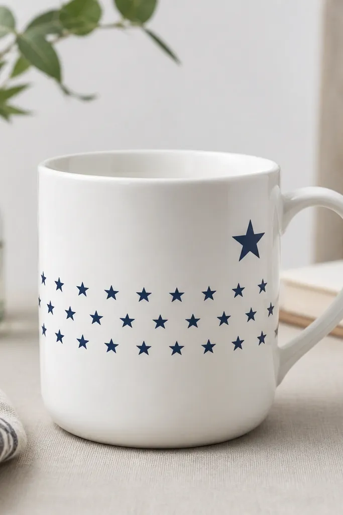 A white mug with a mid-band of small evenly spaced star shapes in navy blue, plus a single larger star near the handle.