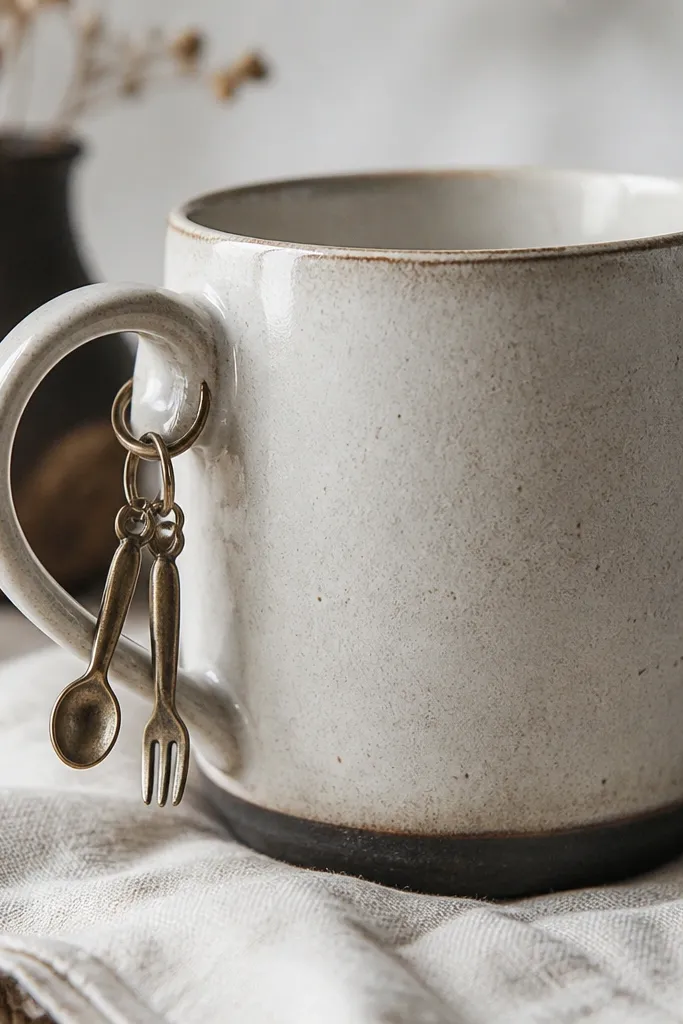 A mug with small metal charms hanging from a loop attached to the handle side, including a tiny spoon and fork shape made from craft metal.