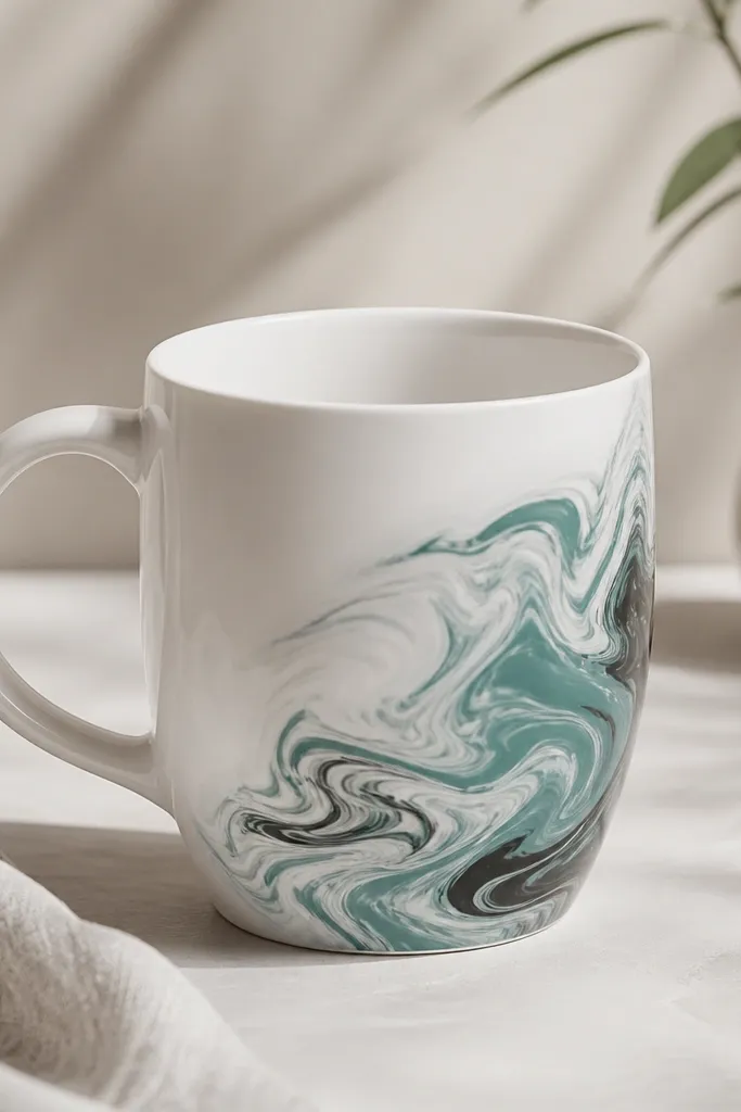 A white mug with marbled swirls in teal, white, and a hint of black, like nail-polish water marbling, concentrated on one side.