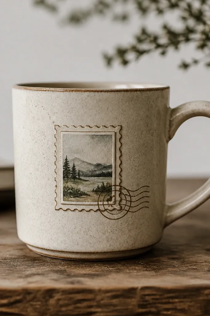 A mug with a faux postage stamp in a small rectangular frame on the front, with tiny cancellation marks in brown ink.