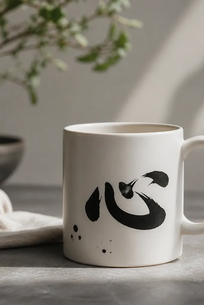 A white mug with black brush-calligraphy strokes reading a short word, with a few small ink splatters near the bottom.
