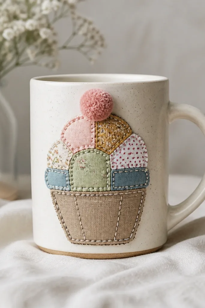 A mug decorated with small fabric patch squares stitched together into a scoop shape, with a stitched outline and a small pom-pom.
