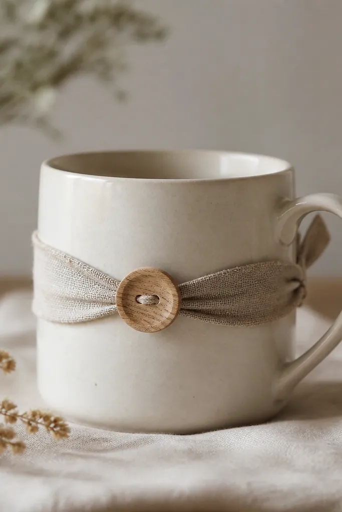 A mug wrapped with a narrow strip of linen tied around it, with a small wooden button on the front and a loop on the back.