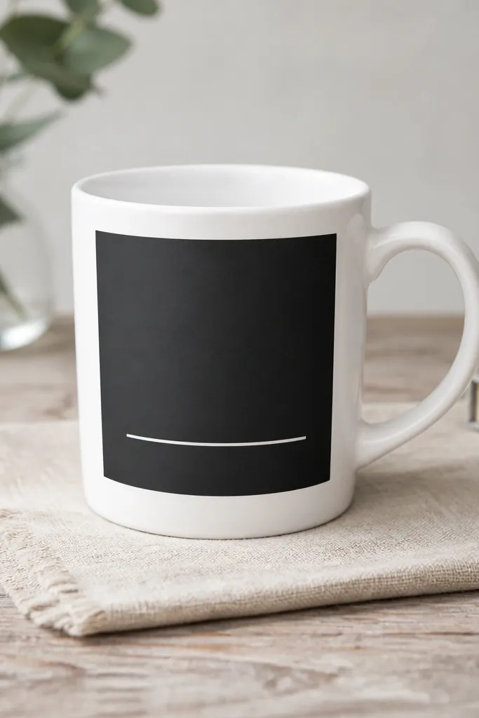 A white mug with a matte black rectangle label on the front, filled with clean white text and a small underline stroke.
