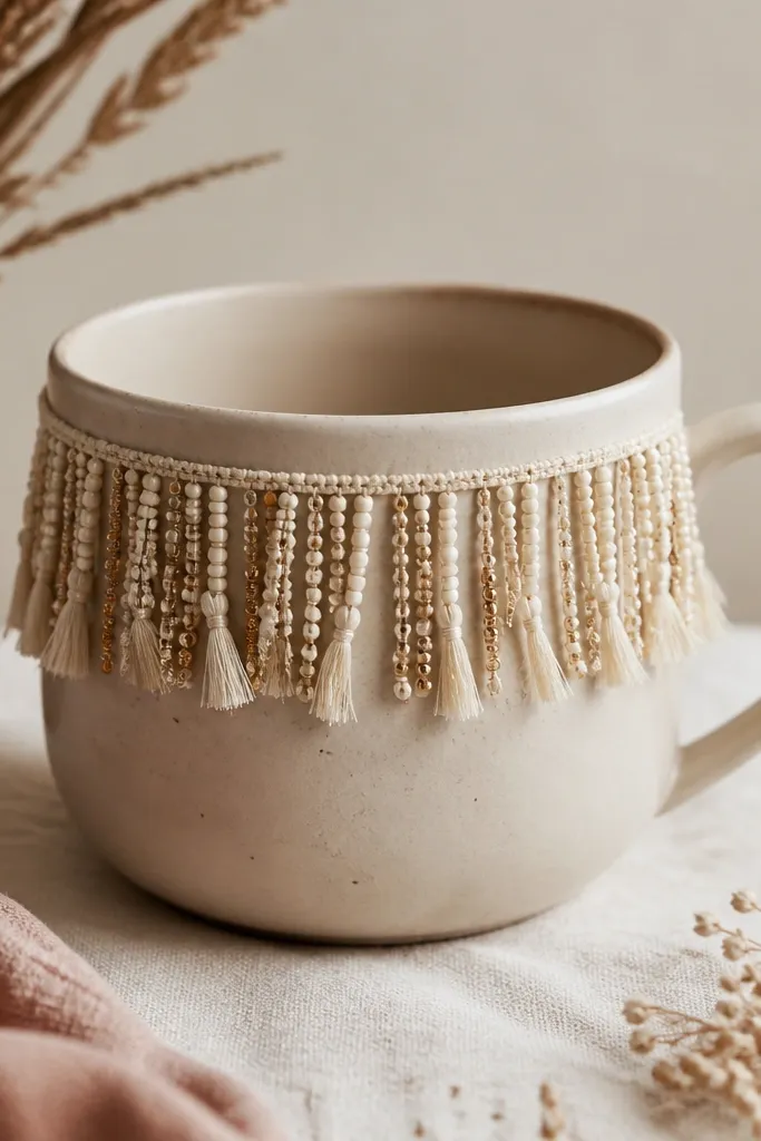 A mug with a fringe of small beads and thread hanging from a thin strip around the upper side, with beads in cream and gold tones.