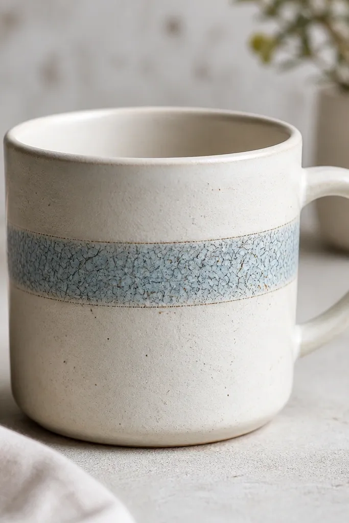 A mug with a narrow horizontal band painted in light blue using crackle medium, creating a fine aged pattern.