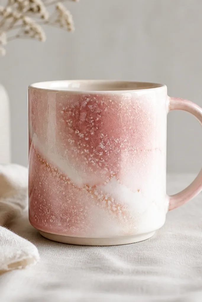 A mug with a soft watercolor wash in dusty rose and cream, with tiny starburst salt textures scattered across the wet paint.