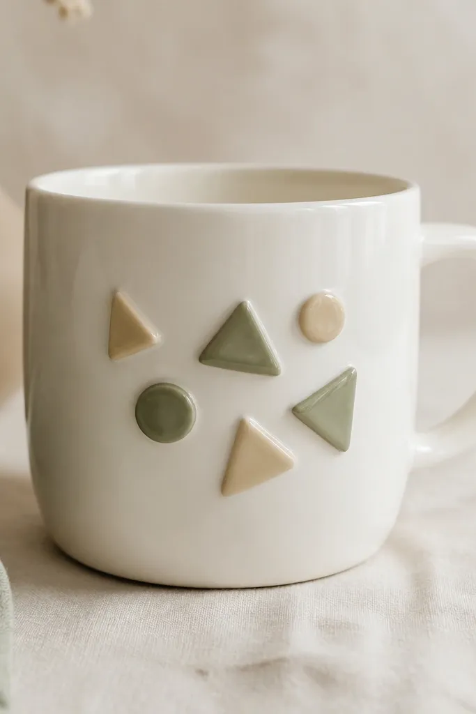 A white mug with small polymer clay triangles and circles on one side, painted in muted green and beige, with a glossy clear finish.
