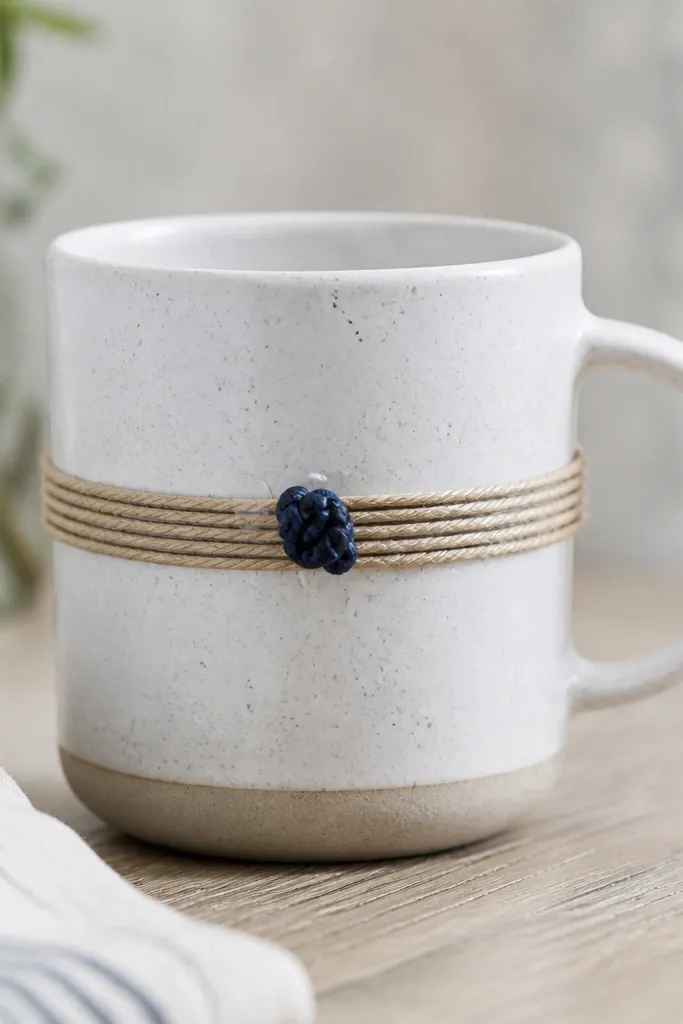 A mug wrapped with a thin coil of tan rope around the middle, with tiny glue dots holding it in place and a small navy knot near the front.