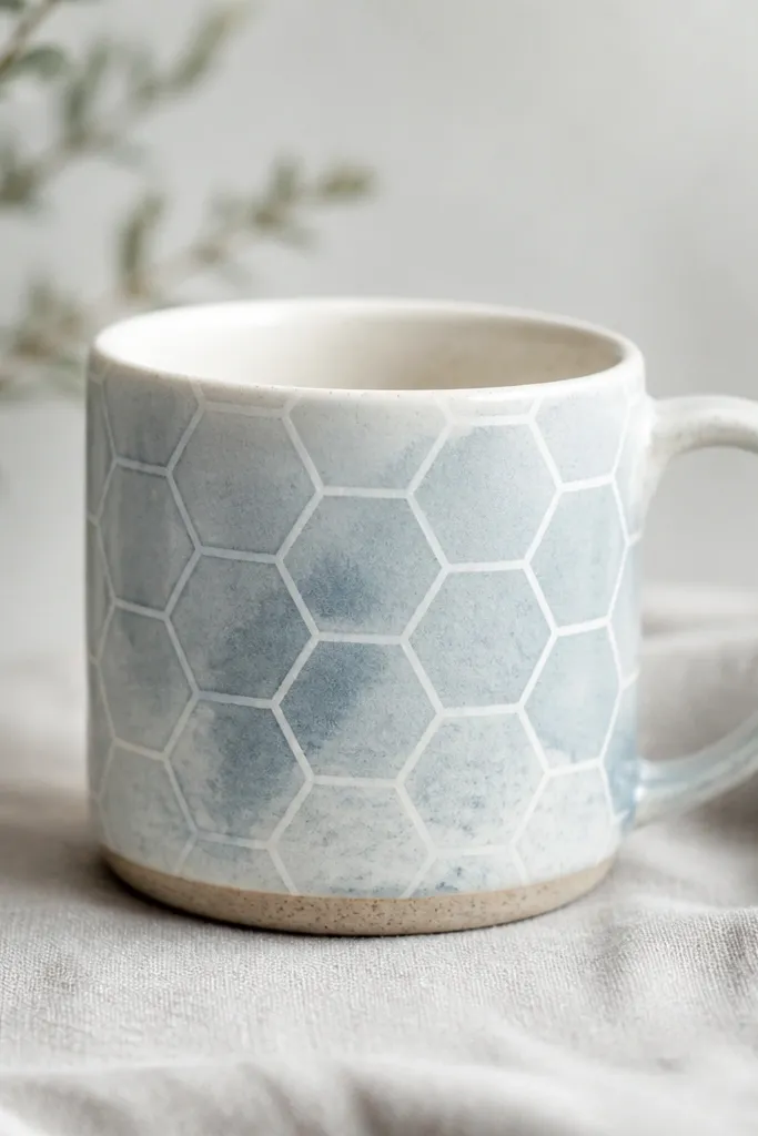 A mug with a light wash background and crisp white lines where beeswax resisted the paint, forming a simple honeycomb pattern.