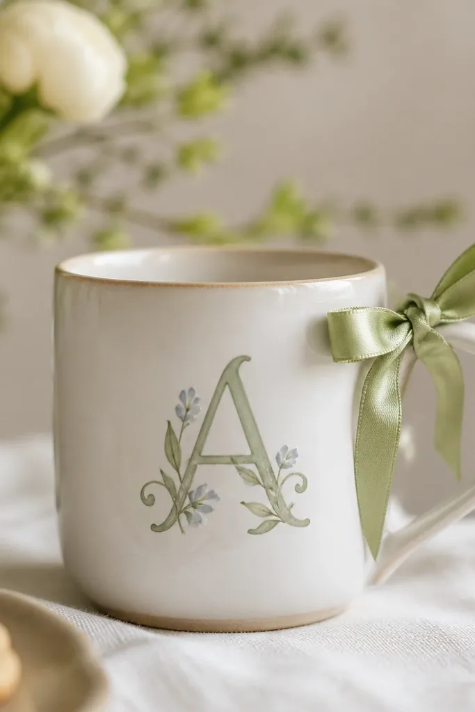 A mug with a painted monogram initial on the front and a small satin ribbon bow tied on the side near the handle.