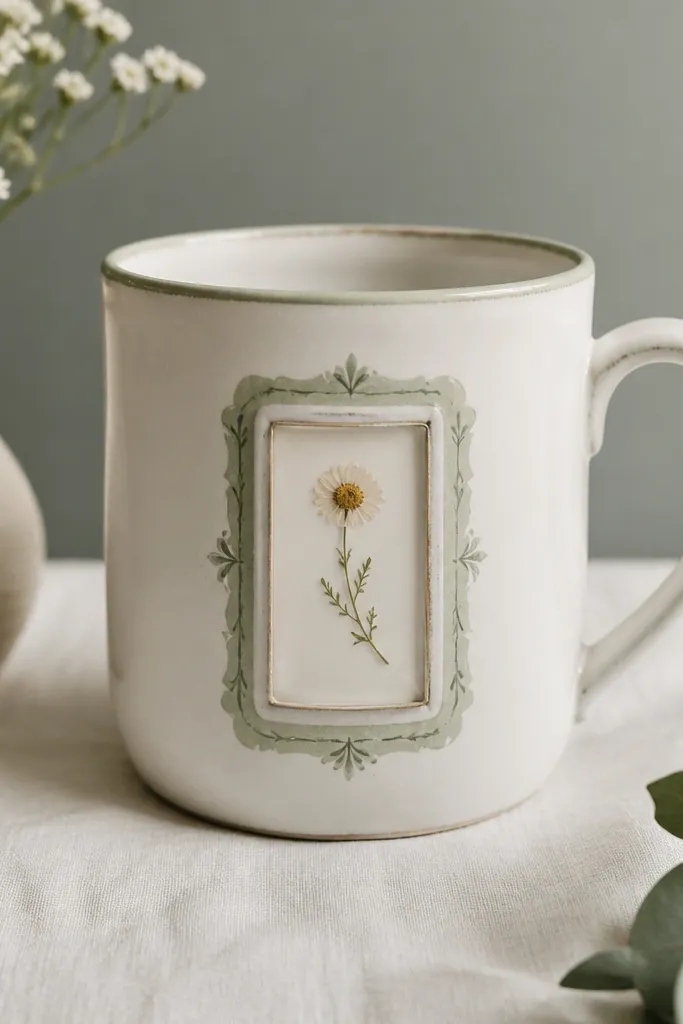 A mug with a small clear resin rectangle on the front containing a pressed tiny flower, with surrounding painted border in soft green.