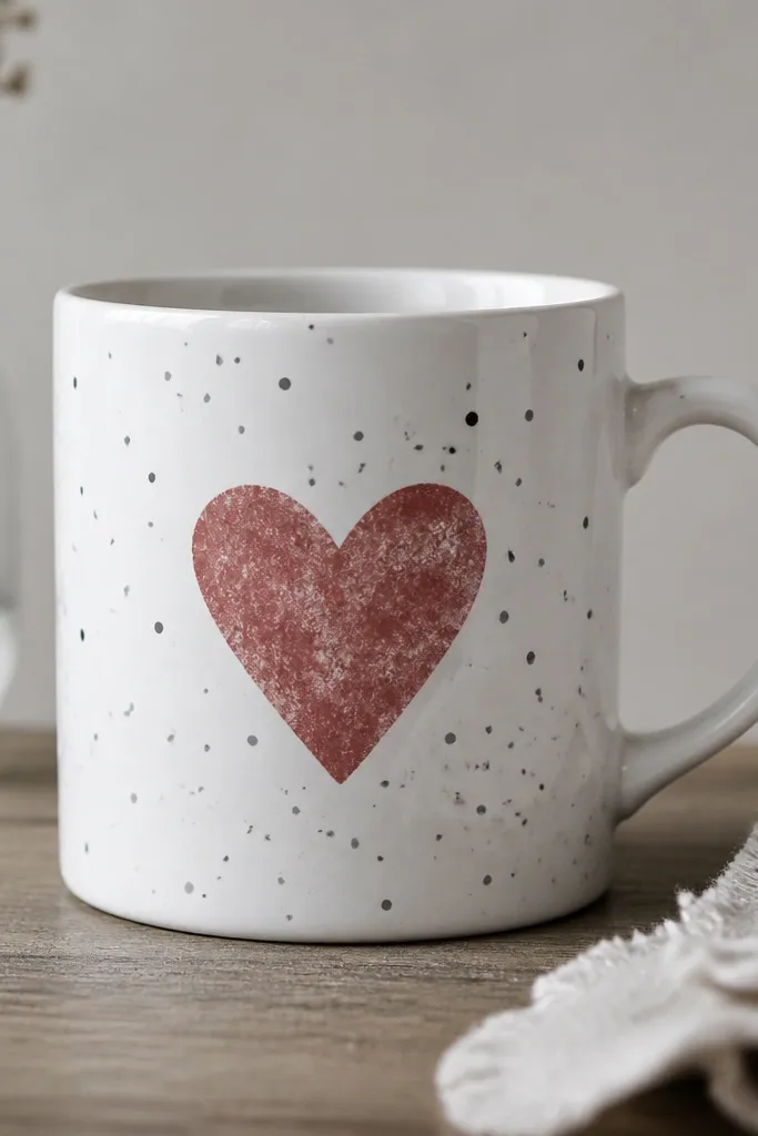 A white mug with a heart shape in muted red created by stencil, surrounded by small gray and black paint splatters.