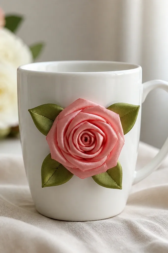 A mug with a single fabric rose made from satin ribbon glued on the side, with green leaf accents beneath it.
