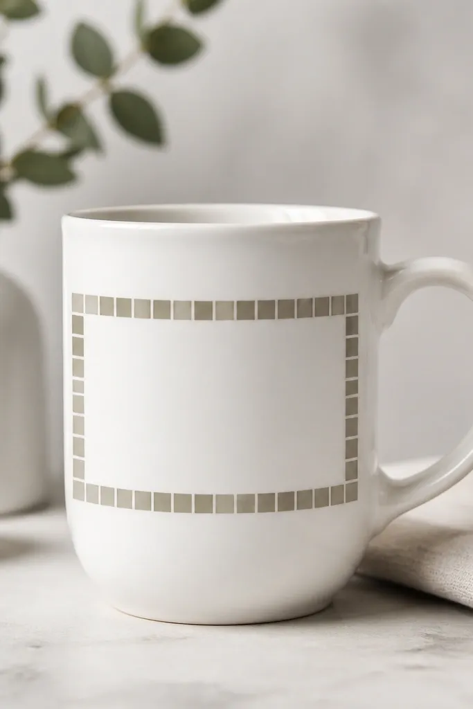 A mug with a thin frame made of small square tiles around the middle band, with gray grout and a clean inner white space.