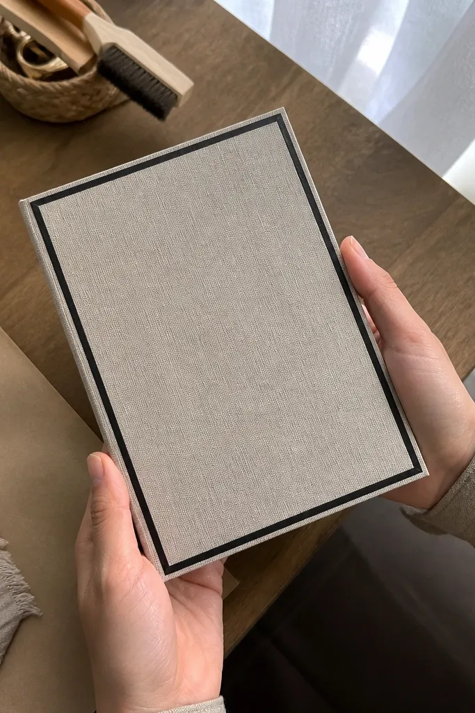 Beige linen notebook cover with a thin black tape border and a matching elastic strap